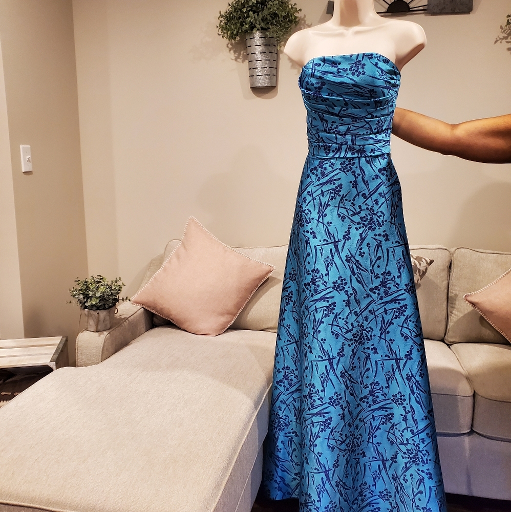 Theia Blue Floral Strapless Dress